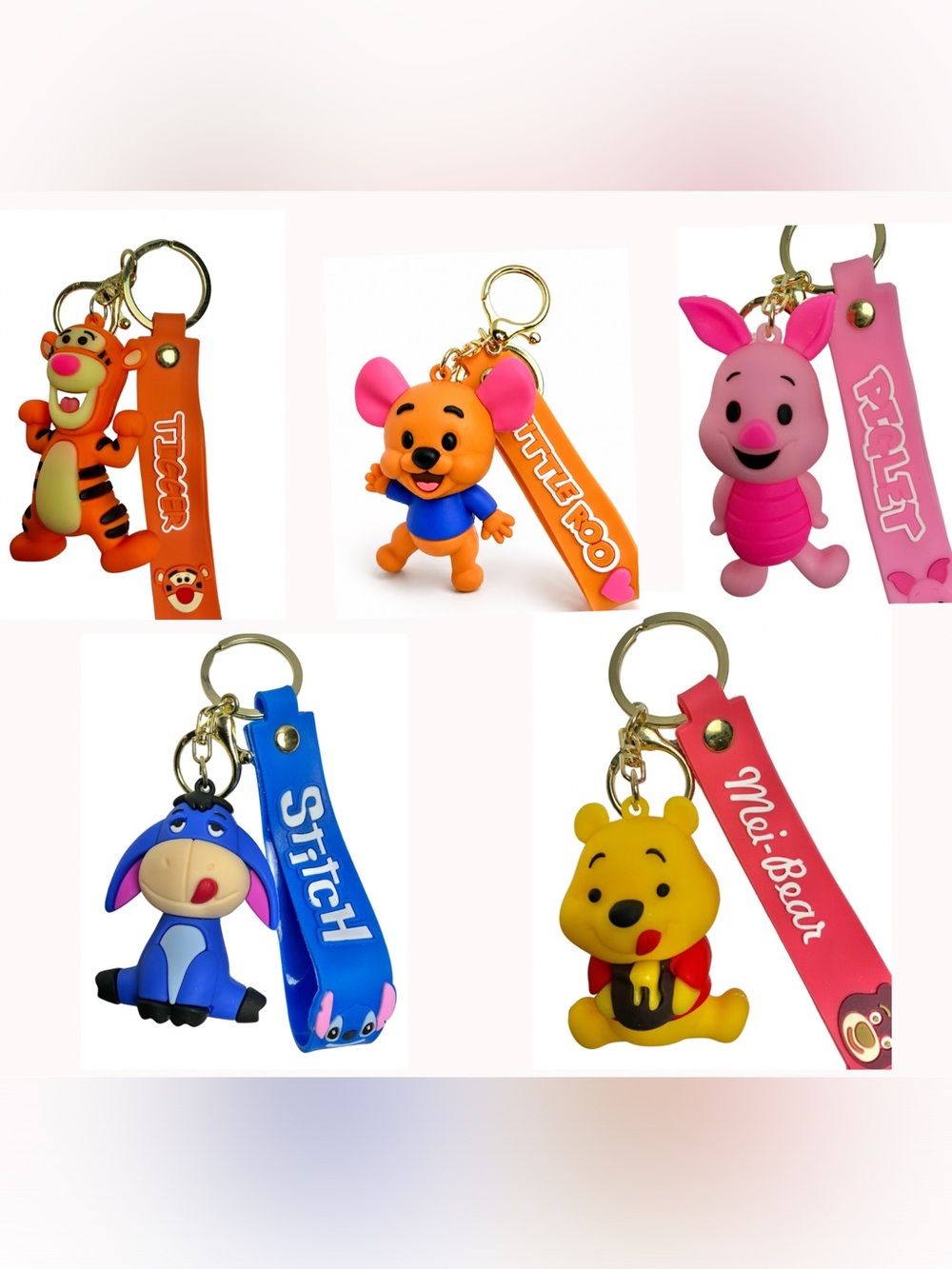 Character-Inspired Keychains with Wrist Strap and Clasp — Pooh, Tigger, Eeyore